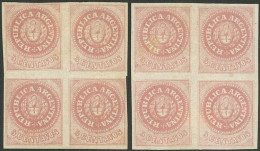 ARGENTINA: GJ.10, 5c. Without Accent Over The U, 2 Mint Blocks Of 4 With Original Gum (+50%), In Rose And Dull Rose, Ver - Andere & Zonder Classificatie