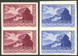 ARGENTINA: GJ.997, 1951 Quinquennial Plan 5c. (railway And Pegasus), 2 COLOR PROOFS In Imperforate Pairs, Very Fine Qual - Andere & Zonder Classificatie