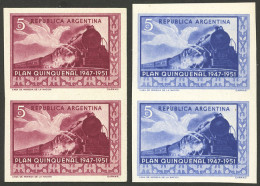 ARGENTINA: GJ.997, 1951 Quinquennial Plan 5c. (railway And Pegasus), 2 COLOR PROOFS In Imperforate Pairs, Very Fine Qual - Altri & Non Classificati