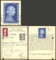 ARGENTINA: GJ.1022, 1952 50P. Eva Perón + 2P., Uprating A PO Box Payment Card, With Punch Holes Else Excellent. The 50P. - Autres & Non Classés