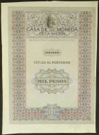 ARGENTINA: PROOF OF A BEARER BOND CERTIFICATE, Printed By Casa De Moneda, For A Value Of 1,000 Pesos, Numbering "0000000 - Otros & Sin Clasificación