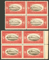 ARMENIA: Yvert 101, 1920 100r. Mount Ararat, 2 Blocks Of 4 With VARIETY: Center (brown) Shifted To The Left And Right, V - Armenia