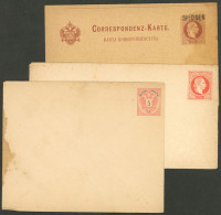 AUSTRIA: 3 Old Postal Stationeries: 2 Covers + 2Kr. Postal Card With Paid Reply, The Latter With SPECIMEN Overprint, Wit - Other & Unclassified