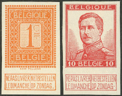 BELGIUM: Sc.92 + 95, Both IMPERFORATE, The First One Without Gum, The 10c. With Original Gum, Interesting! - Autres & Non Classés