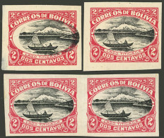 BOLIVIA: Sc.113a, 1916/7 2c. Titicaca Lake (ship, Mountains), Imperforate Pair, Mint Without Gum, Also 2 Other Imperfora - Bolivia