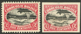 Delcampe - BOLIVIA: Sc.113c, 113d, 1916/7 2c. Titicaca Lake (ship, Mountains), Perforated And Imperforate Stamp, Both With CENTER I - Bolivie