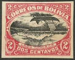 BOLIVIA: Sc.113d, 1916/7 2c. Titicaca Lake (ship, Mountains), Imperforate Stamp With CENTER INVERTED, Mint Without Gum,  - Bolivien