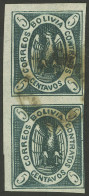 BOLIVIA: Sc.2, 1867/8 Condor 5c., Vertical Pair In Bluish Green Printed On Thin Paper, With Cancel Of LAMAR, Very Fine Q - Bolivia