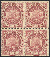 BOLIVIA: Sc.45, 1894 Coat Of Arms 50c., MNH Block Of 4, Tiny Defect (light Crease), Excellent Appearance! - Bolivie