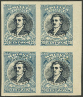 BOLIVIA: Sc.94a, 1910 Arze 20c., Imperforate Block Of 4, The Bottom Stamps WITH WATERMARK, VF Quality! - Bolivia