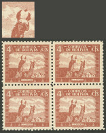 BOLIVIA: Yvert 223, 1939 4c. Llama, Block Of 4, One With Variety "spot Between The Ears Of The First Llama", VF Quality! - Bolivien