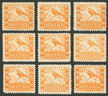 BOLIVIA: GJ.234, 1939 90c. Toucan, 9 Stamps With "broken Branch" Variety, Some Different Among Them, And Varied Shades,  - Bolivië