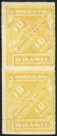 BRAZIL: Sc.P1a (RHM.J-1sph), 1869 10R. Yellow, Pair Rouletted IMPERFORATE BETWEEN, Excellent Quality, RHM Catalog Value  - Autres & Non Classés