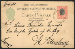 BRAZIL: 100Rs. Postal Card Sent To RUSSIA On 5/FE/1910, Interesting Traveling PO Box Cancel, Rare Destination, VF Qualit - Altri & Non Classificati