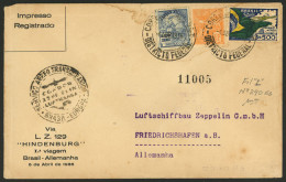 BRAZIL: 4/AP/1936 Rio - Germany: Registered Printed Matter Cover Flown By Hindenburg, With Fiedrichshafen Arrival Backst - Andere & Zonder Classificatie
