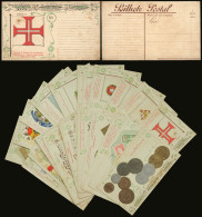 BRAZIL: Patriotic Series: Coins, Flags, Badges, Music Etc., Complete Set Of 25 Old Postcards, Organized By Simoes Lopes  - Other