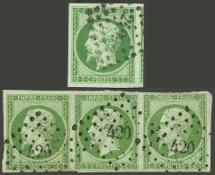 FRANCE: Yv.12, 1854 Napoleon II 5c. Green, Strip Of 3 With Ample Margins + Single In Dark Green With Immense Margins, Ve - Sonstige & Ohne Zuordnung