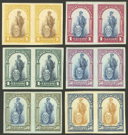 PARAGUAY: Sc.201 + 206, 1911 Republic 1c. And 50c., 3 COLOR PROOFS Of Each Value, Imperforate Pairs Printed On Card Of G - Paraguay