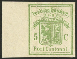 SWITZERLAND: Yvert 4, 1849 Geneva 5c. Green, Cut Square (from Postal Stationery), Mint, Minor Defect At Top, Good Appear - Otros & Sin Clasificación