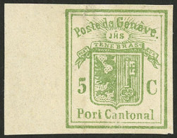 SWITZERLAND: Yvert 4, 1849 Geneva 5c. Green, Cut Square (from Postal Stationery), Mint, Minor Defect At Top, Good Appear - Sonstige & Ohne Zuordnung