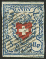 SWITZERLAND: Yvert 20, 1851 5r. Used, 3 Good Margins, Catalog Value Euros 150 - Other & Unclassified