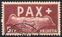 SWITZERLAND: Yvert 416, 1945 5Fr. Peace, Used, Very Fine Quality, Catalog Value Euros 325, Low Start! - Andere & Zonder Classificatie
