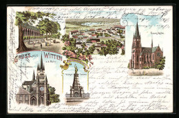 Lithographie Witten, Evang. Kirche, Voss Garten, Kath. Kirche, Krieger Denkmal, Totalansicht  - Witten