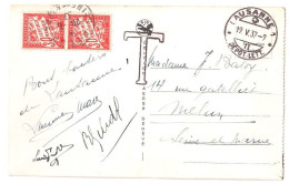 MELUN Carte Postale Origine LAUSANNE Suisse NON AFFRANCHIE Taxe GRAND T 30c Banderole Rouge Carminée 2 X Yv 33 Ob 1937 - 1859-1959 Lettres & Documents