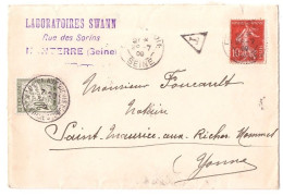 St MAURICE AUX RICHES HOMMES Yonne Lettre 10c Semeuse Yv 135 Origine Courbevoie TAXEE 20c Banderole Yv T 31 Ob 1909 - 1859-1959 Covers & Documents