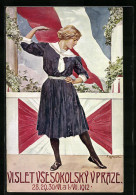 AK Prag, Junges Mädchen Tanzt Vor Einer Fahne, Sokol, 1912  - Autres & Non Classés