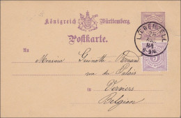 Württemberg:  Ganzsache Von Liebenzell Nach Belgien 1884 - Cartas & Documentos