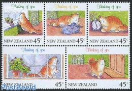 New Zealand 1991 Cats, Greetings 5v (from Booklet), Mint NH, Nature - Cats - Nuevos