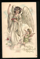 Lithographie Weihnachtsengel, Weihnachtsgrüsse Mit Grossem Und Kleinem Engel  - Angels