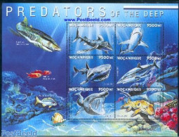 Mozambique 2001 Sharks 6v M/s (Oceanic Whitetip Shark A.o.), Mint NH, Nature - Fish - Sharks - Fische