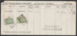 Facture Brasserie Roelants (Schaerbeek) Acquittée 1,60f Timbres Taxe-fiscaux 11 Juin 1929 - Dokumente