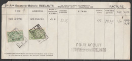 Facture Brasserie Roelants (Schaerbeek) Acquittée 1,60f Timbres Taxe-fiscaux 11 Juin 1929 - Documentos