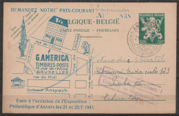 EP Pub 50c Vert-bleu (N°678) Càd ANTWERPEN /21-7-1945/ POSTZEGELTENTOONSTELLING" Pour PRAHA (Prague) - Griffe [Contraire - Postkarten 1934-1951