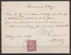 Reçu Affr. N°46 Càd OREYE /12 AVR 1890 Pour Baron De Selys Longchamps (cotisation De Membre Honoraire De L'Harmonie D'Or - 1884-1891 Léopold II