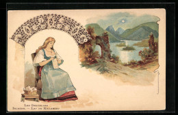 Lithographie Lac De Killarnay, See Im Mondschein, Dame Stellt Spitze Her  - Autres & Non Classés