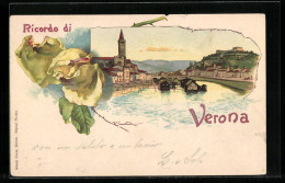 Lithographie Verona, Flusspartie, Gelbe Rose  - Verona