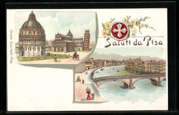Lithographie Pisa, Arno-Brücke, Schiefer Turm  - Pisa
