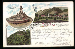 Lithographie Kelbra A. Kyffh., Kaiser Wolhelm-Denkmal, Totalansicht Und Rothenburg  - Kelbra