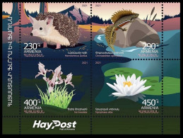 ARMENIA 2021-35 Flora And Fauna. Hedgehog, Newt And Flowers. BLOCK, MNH - Environment & Climate Protection