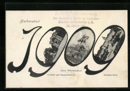 AK Karlsruhe, Festhalle Und Bismarckdenkmal, Residenzschloss, Kaiser Wilhelmdenkmal  - Karlsruhe