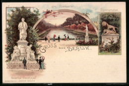 Lithographie Berlin-Tiergarten, Passanten Im Thiergarten, Am Goldfischteich, Das Goethe-Denkmal, Die Löwengruppe  - Dierentuin