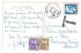 Carte Postale Monaco Postée à MENTON France TAXEE Gros T "NON AFFRANCHIE" Gerbes 20F 4F Ob 1954 Yv 84 87 - 1859-1959 Covers & Documents