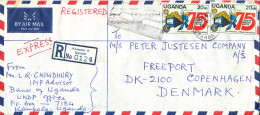 Uganda Registered Air Mail Bank Cover Sent Express To Denmark 15-2-1982 Topic Stamps (Bank Of Uganda Kampala) - Ouganda (1962-...)