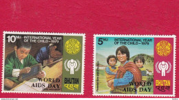 BHUTAN 1988 Overprint World Aids Day MNH On 1979 5 &10 Nu Int Year Girl Child Scott 762 & 763     BHOUTAN - Bhután