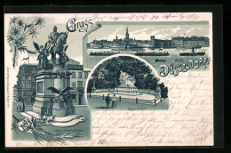 Lithographie Düsseldorf, Uferpartie Mit Brücke, Kaiser Wilhelm-Denkmal, Krieger-Denkmal  - Duesseldorf