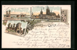 Lithographie Köln, Eisenbahnbrücke, Severinsthor, Flusspartie Mit Blick Auf Den Dom  - Koeln